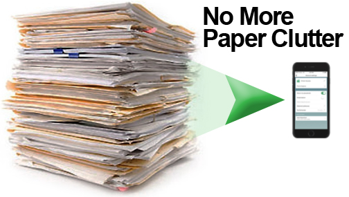 Photo of a pile of paper statements with an arrow pointing to a smart phone.  The photo contains text which reads "No More Paper Clutter".